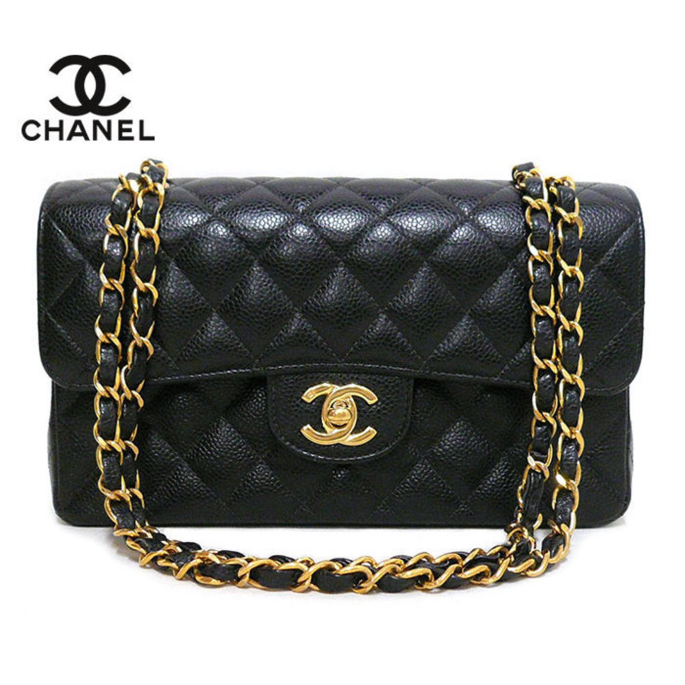 Chanel Bag Shoulder Black Matelasse Caviar Skin Chain Gold 23